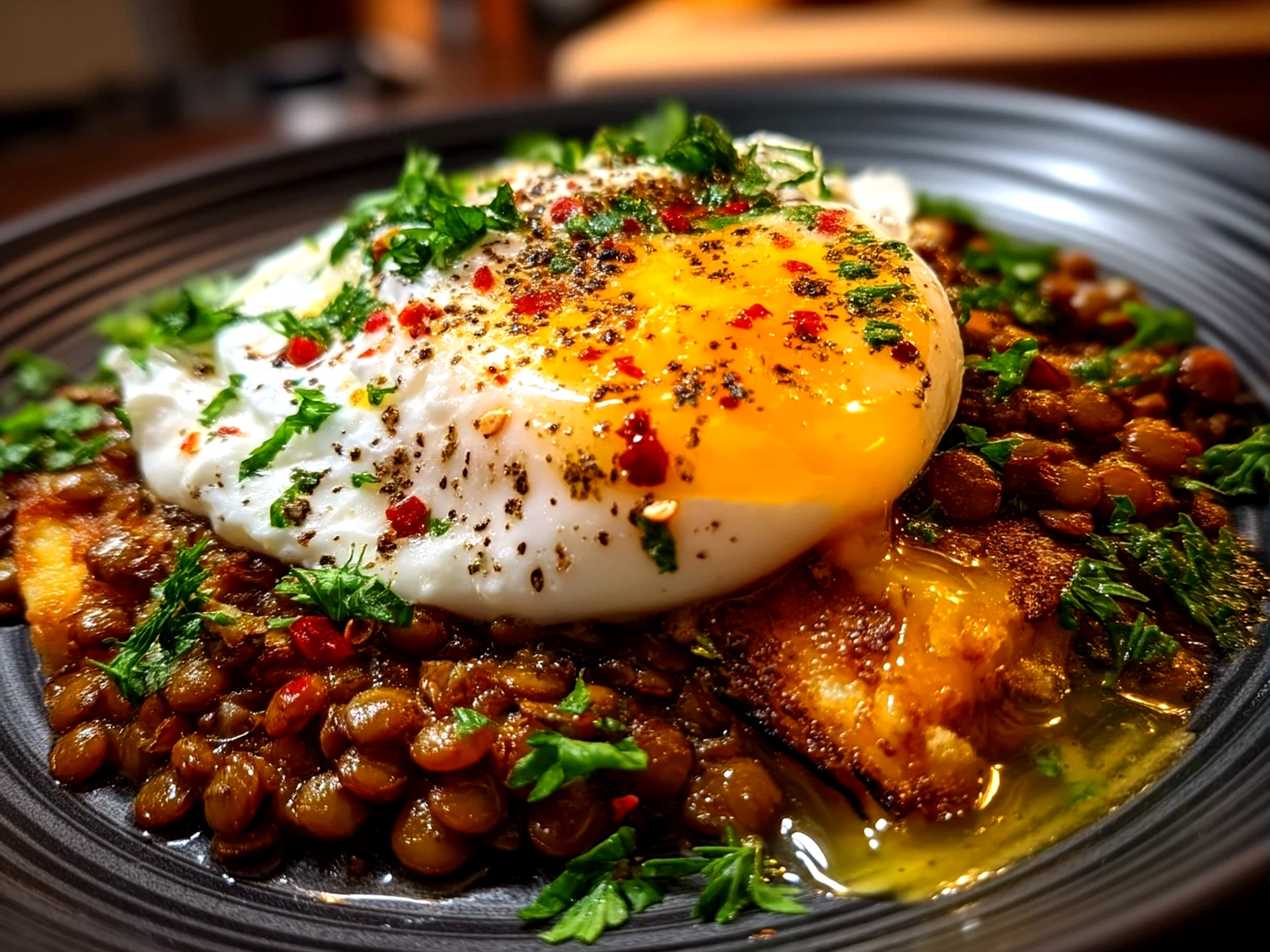 Bowl of Eggcentric lentils with poached egg and yogurt garnished with fresh herbs