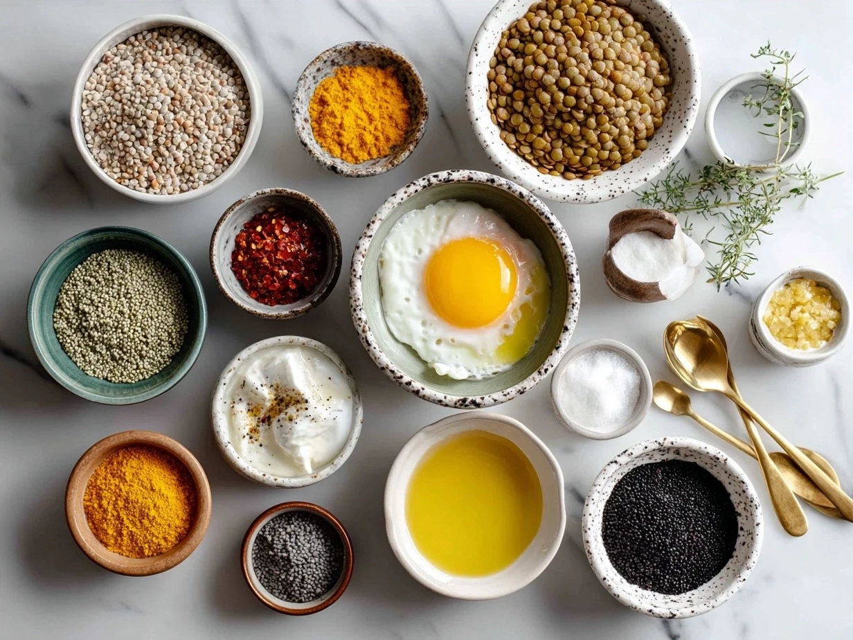 Ingredients for Eggcentric lentils with poached egg and yogurt laid out on a wooden board