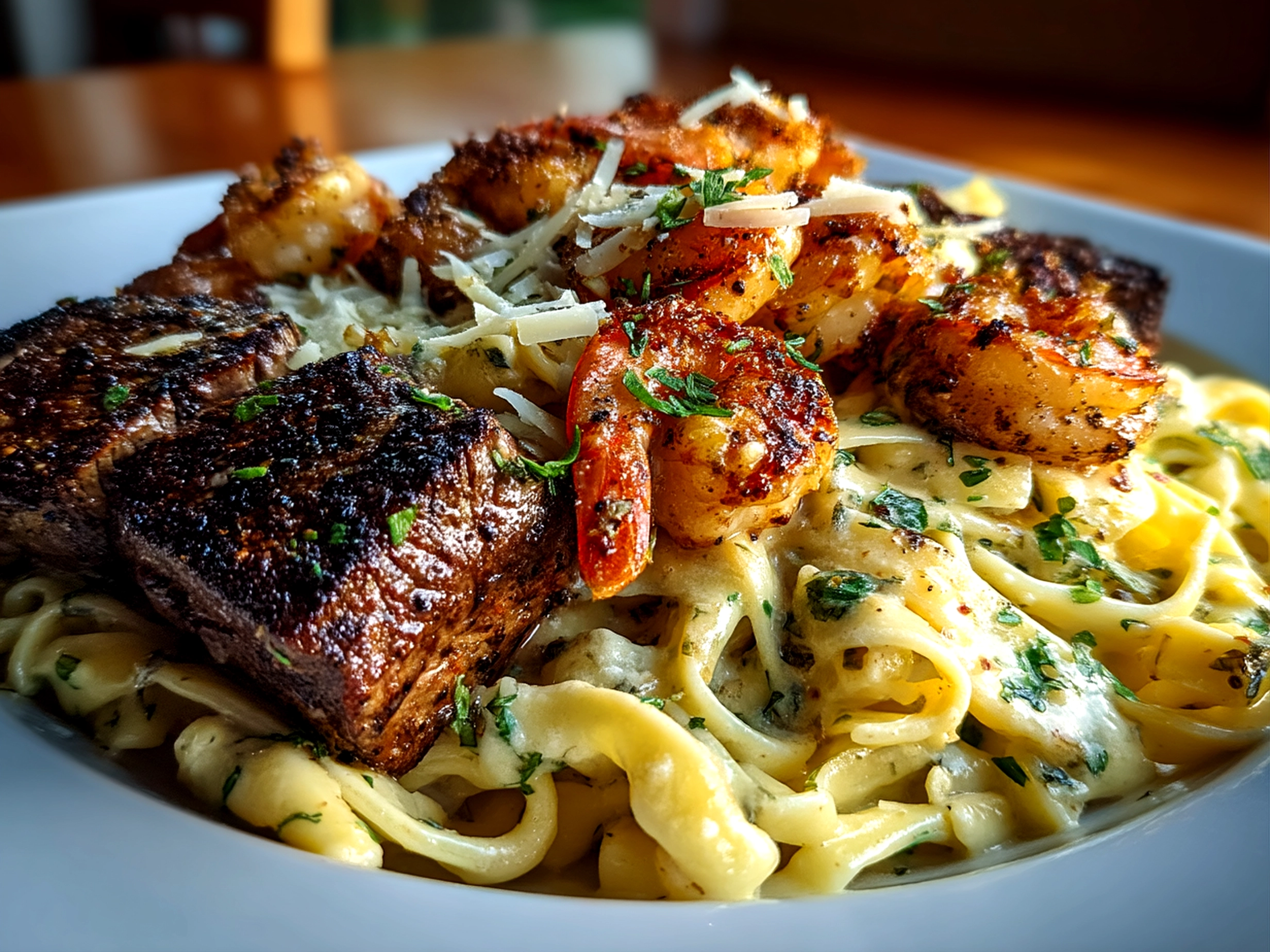 Close-up serving of Blackened Steak Shrimp Alfredo plated and garnished with parsley