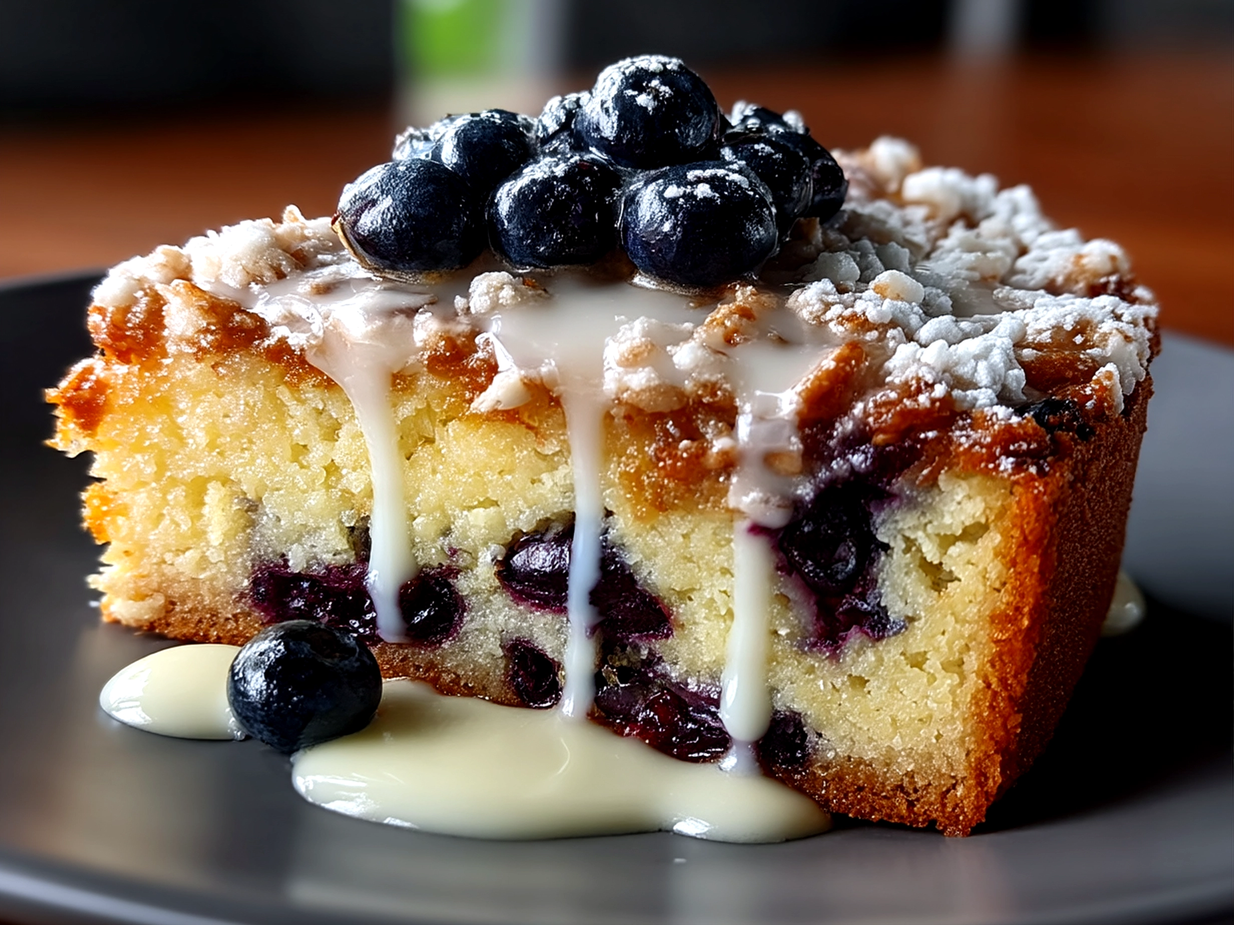 Freshly baked Blueberry Coffee Cake with natural shadows on rustic surface