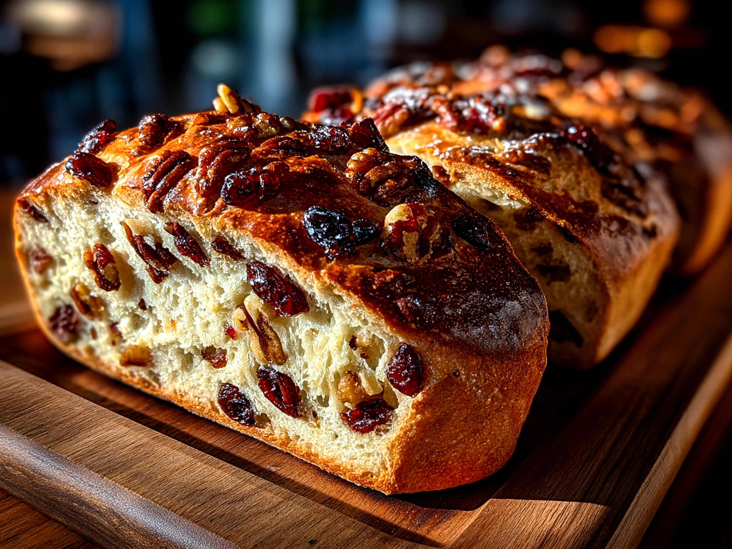 Close-up of finished Cranberry Raisin Walnut Cinnamon Artisan Bread on serving board
