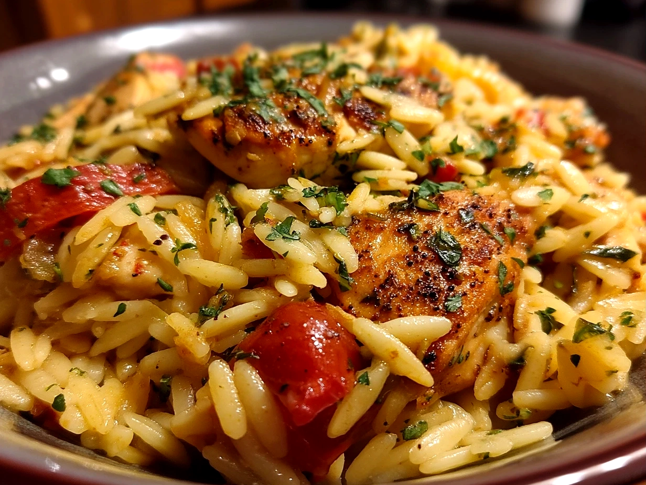 Close-up of finished Mediterranean Chicken Orzo with herbs and feta cheese