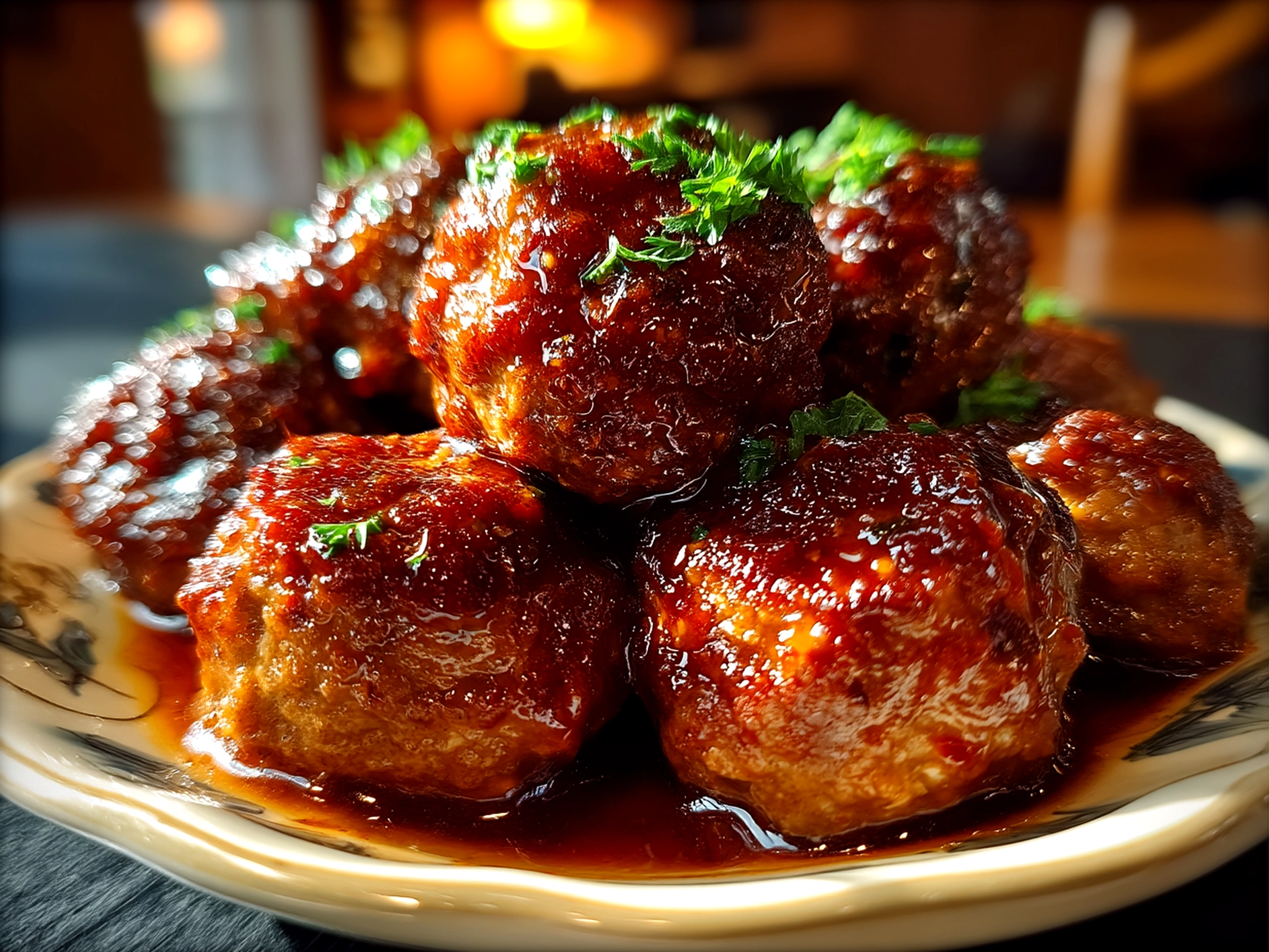 Serving Slow Cooker Bourbon Apple Butter Meatballs garnished and ready to enjoy