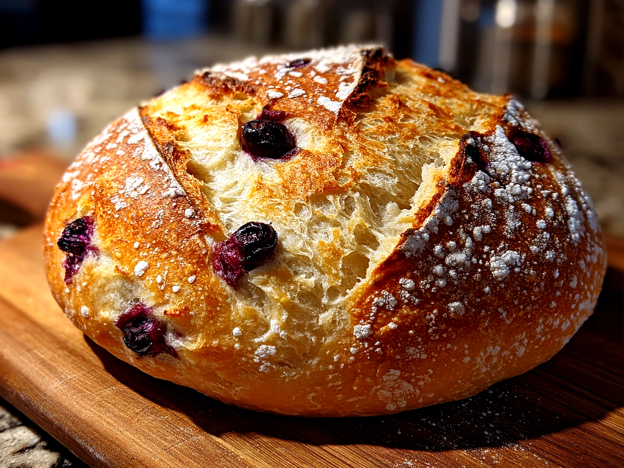 Close up of finished sourdough discard blueberry bread slice showing tender crumb and blueberries