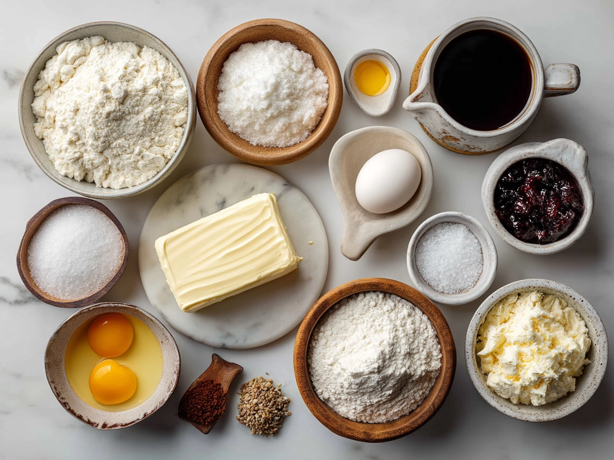 Ingredients laid out for flourless yogurt cake including Greek yogurt, eggs, sugar, olive oil, lemon, and baking powder