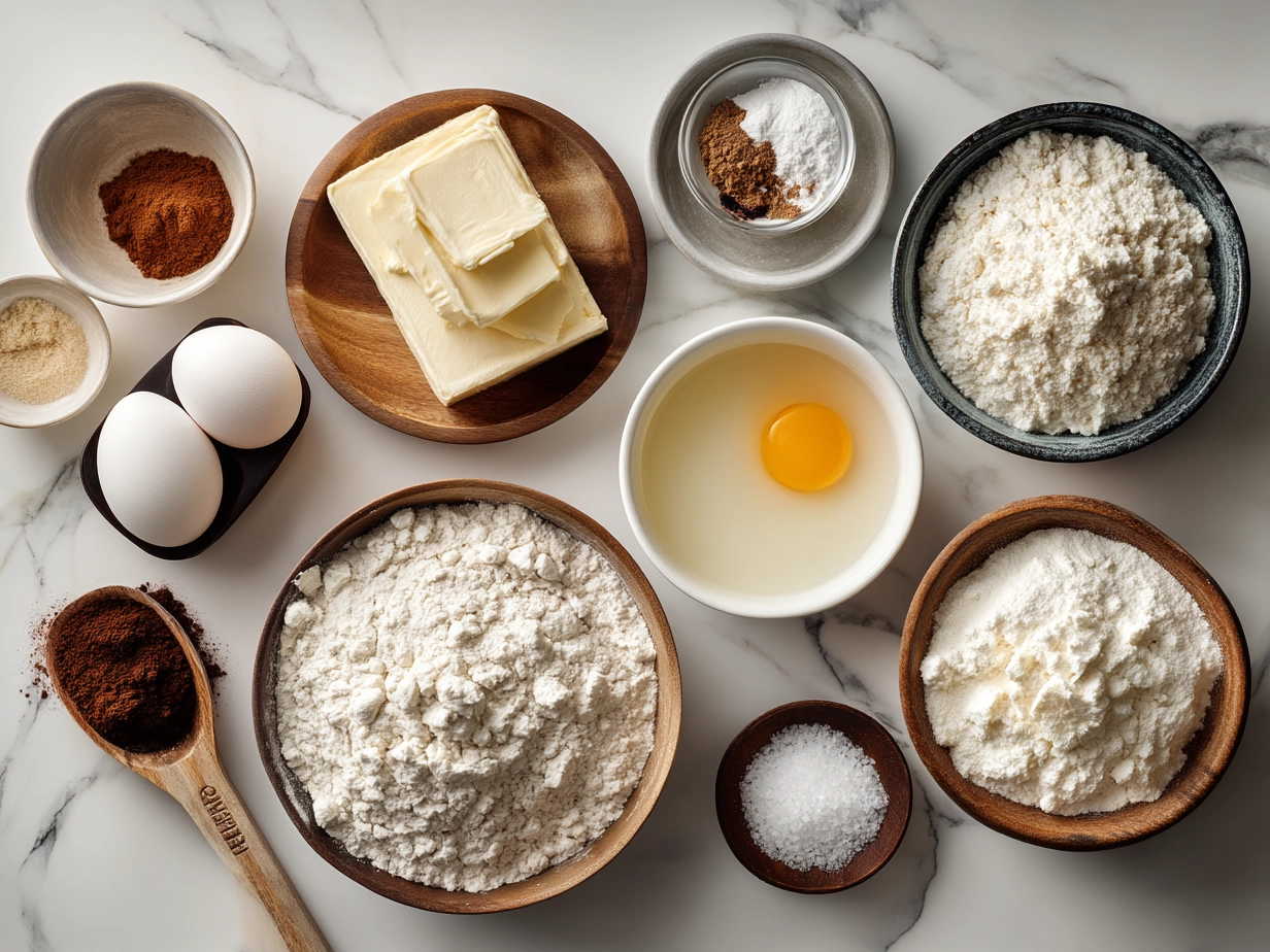 Ingredients for making fluffy pancakes including flour, baking powder, buttermilk, egg, and butter
