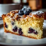 Freshly baked blueberry coffee cake on a white plate