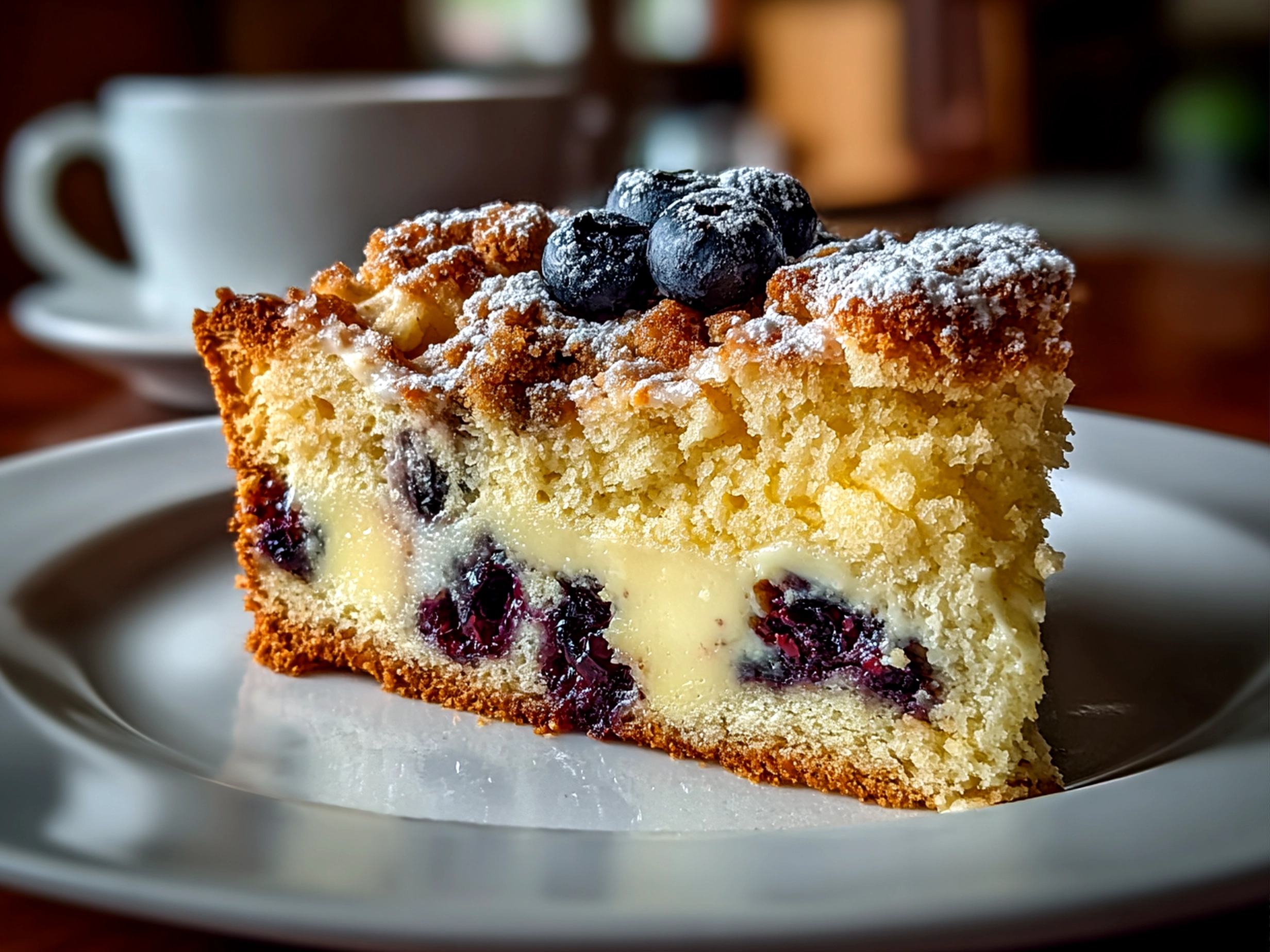 Freshly baked blueberry coffee cake on a white plate