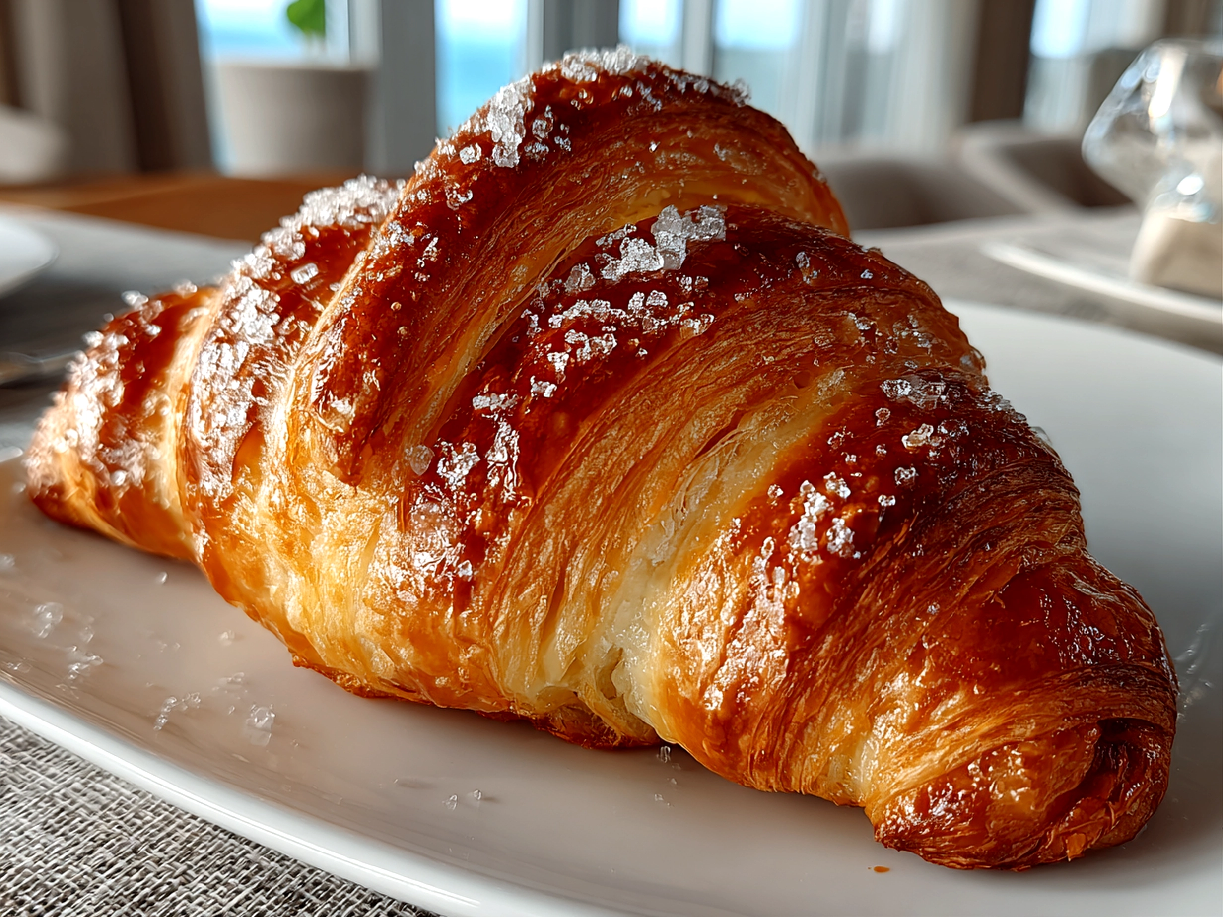Freshly baked French croissants on white plate