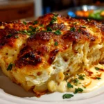 Freshly prepared Baked Cheesy Dumpling Casserole on modern kitchen counter