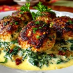 Freshly prepared baked chicken ricotta meatballs with spinach Alfredo sauce