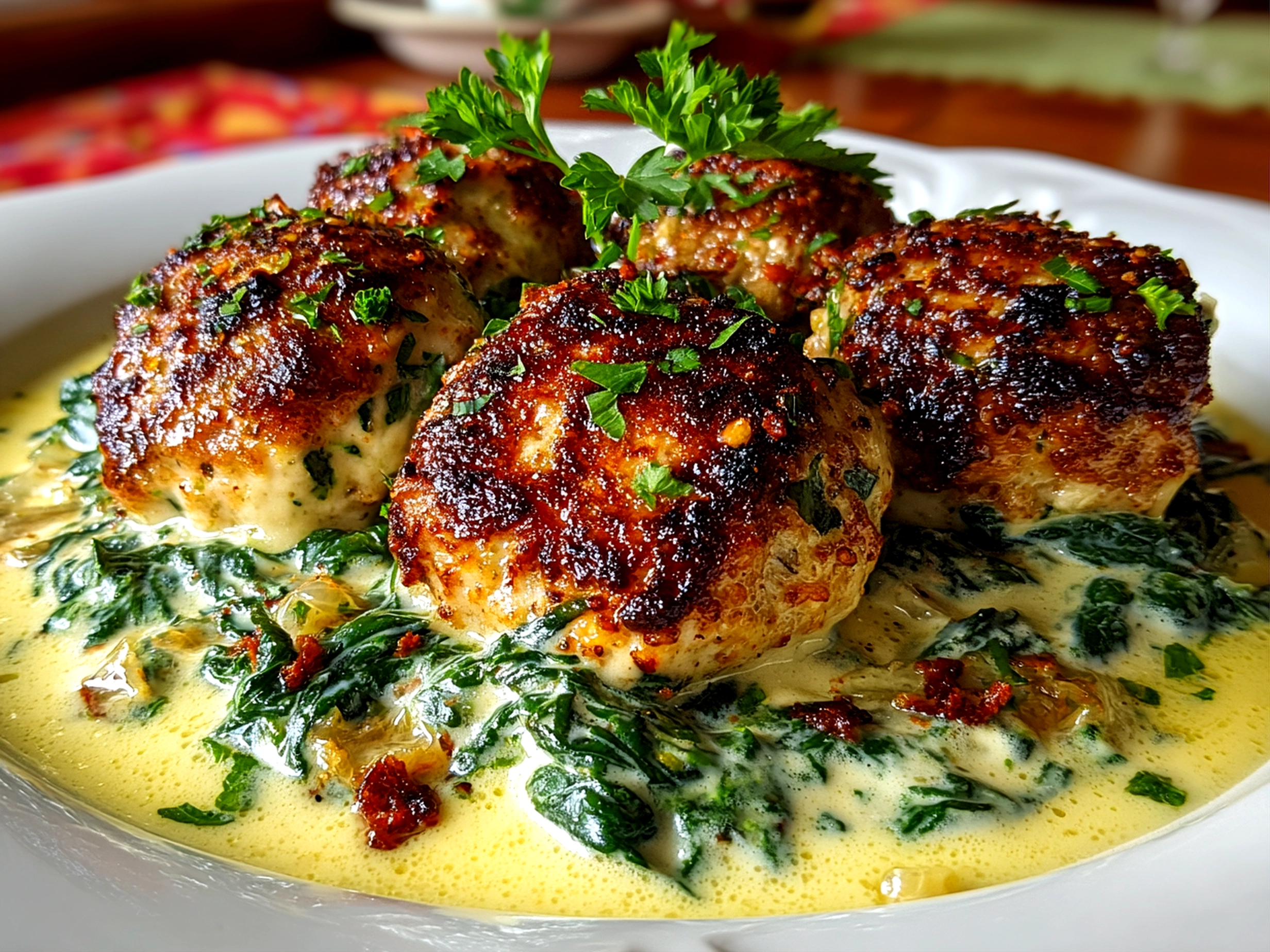 Freshly prepared baked chicken ricotta meatballs with spinach Alfredo sauce