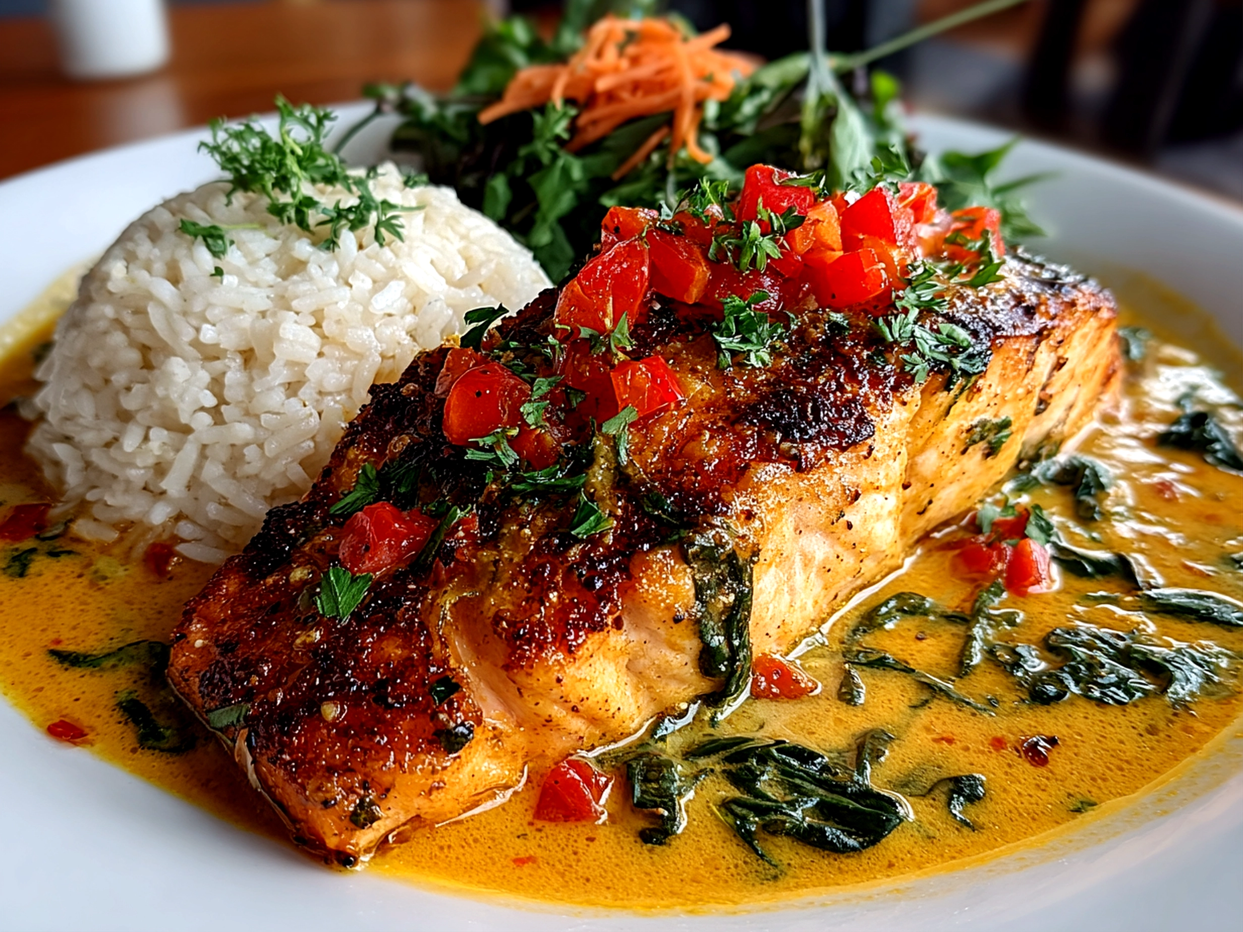 Freshly prepared Caribbean-Style Coconut Curry Salmon on white plate
