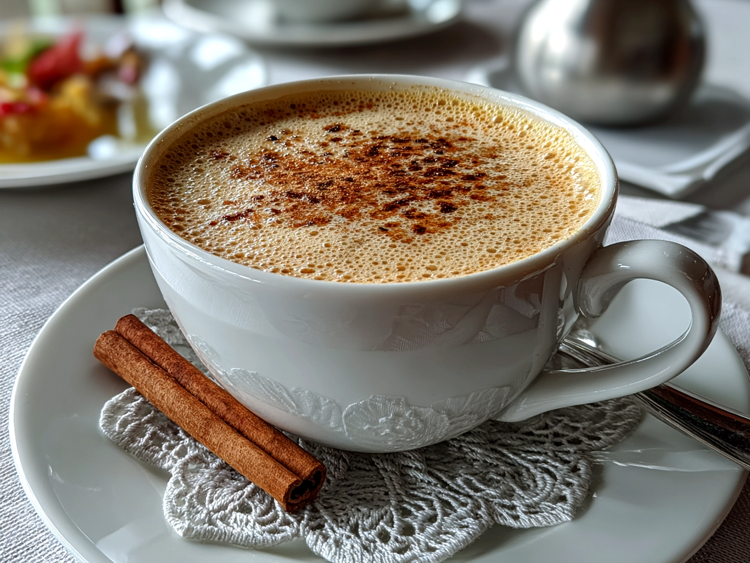 Freshly prepared Chai Tea Latte on white plate