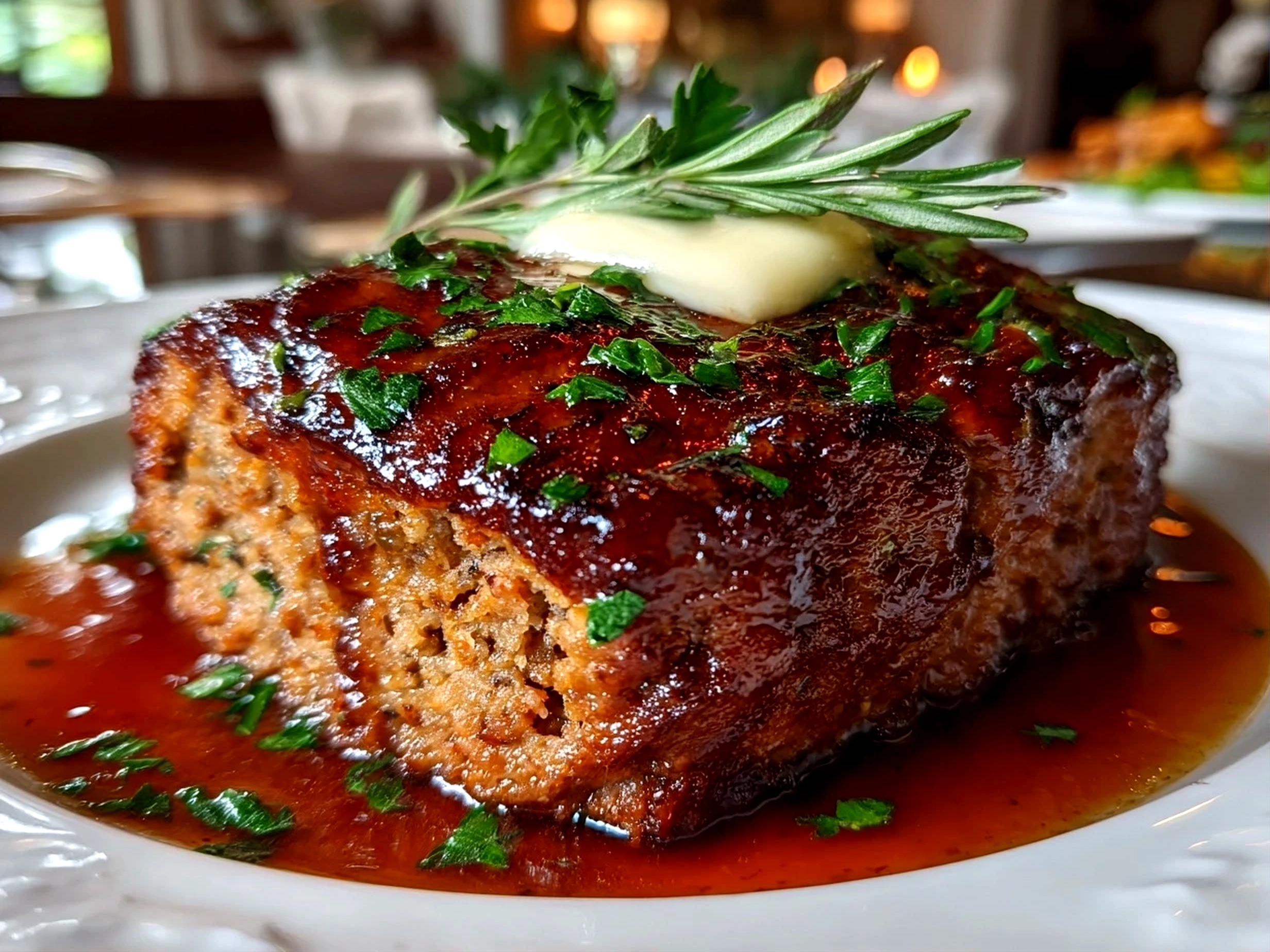 Freshly prepared classic meatloaf on white plate