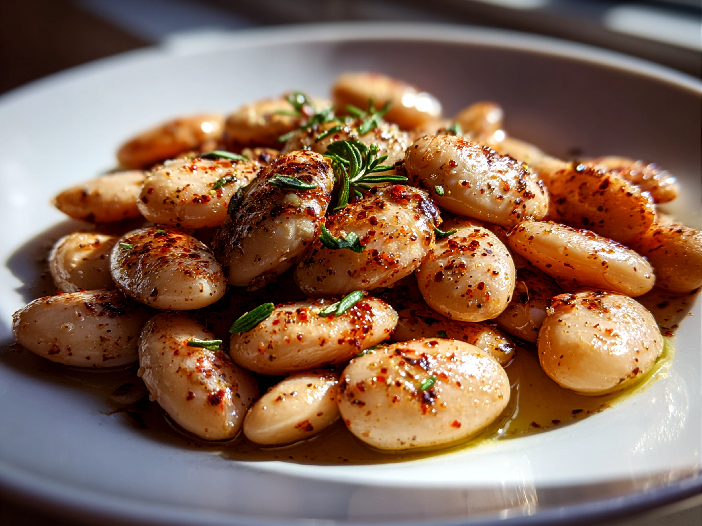 Freshly prepared creamy miso butter beans on a white plate