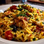Freshly prepared Mediterranean Chicken Orzo served on white plate
