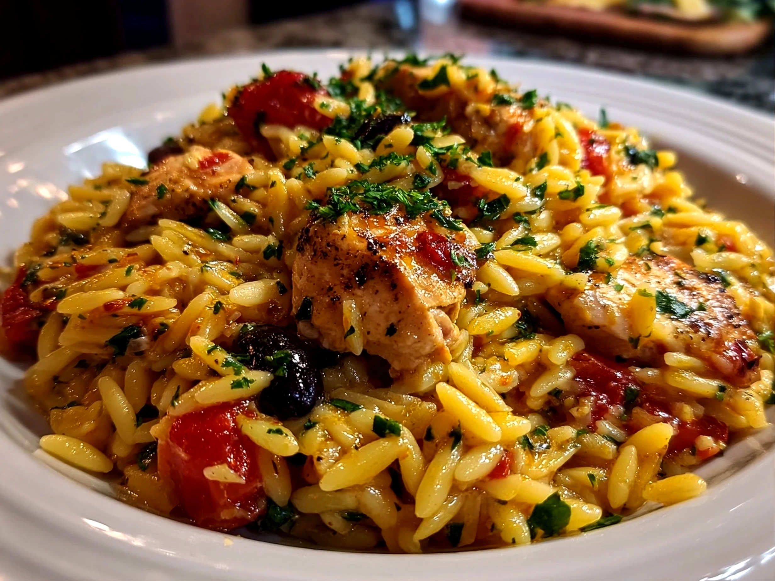 Freshly prepared Mediterranean Chicken Orzo served on white plate