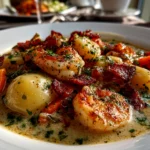 Freshly prepared Nova Scotia Seafood Chowder served in a white bowl