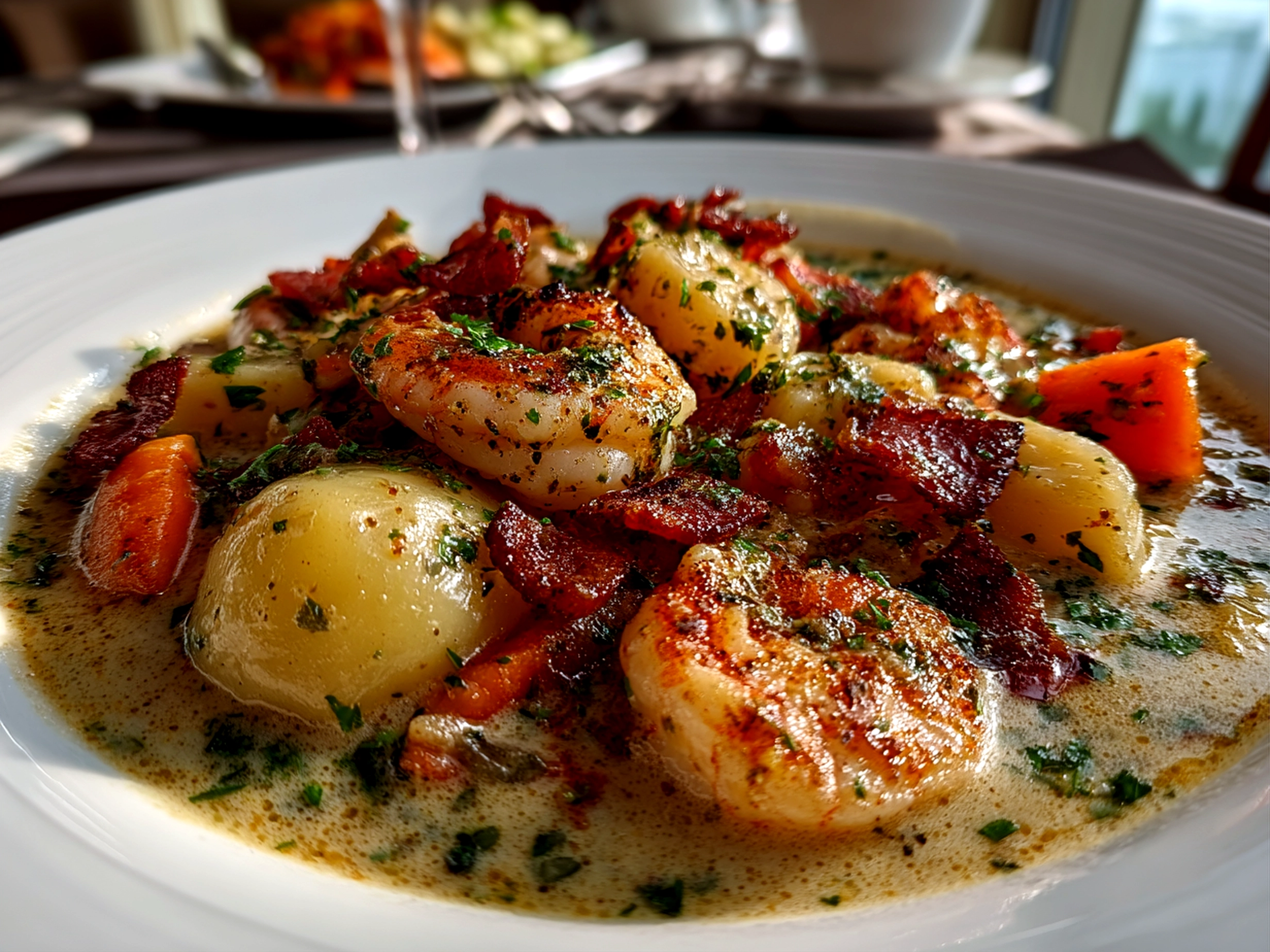 Freshly prepared Nova Scotia Seafood Chowder served in a white bowl