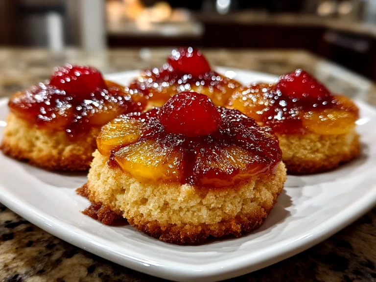 Freshly prepared Pineapple Upside Down Sugar Cookies on white plate