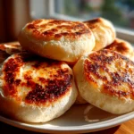 Freshly prepared sourdough discard English muffins on a white plate