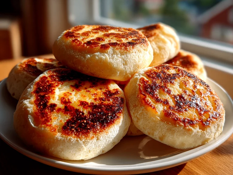 Freshly prepared sourdough discard English muffins on a white plate