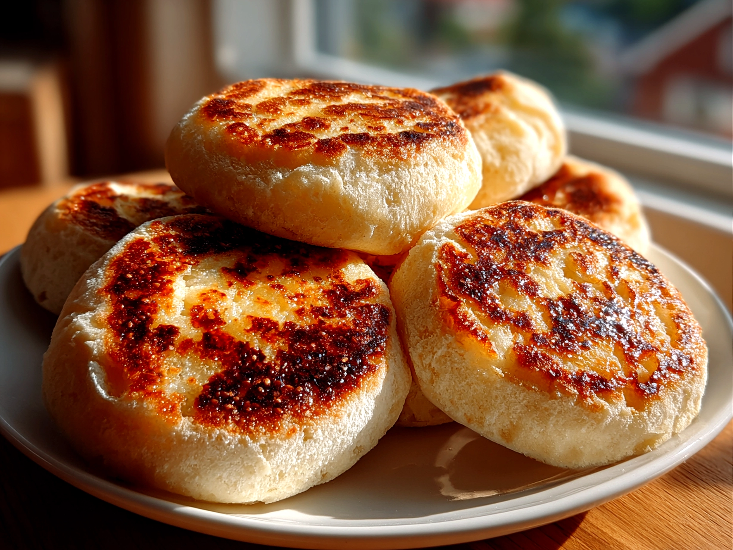 Freshly prepared sourdough discard English muffins on a white plate