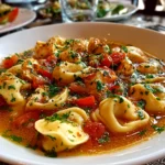 Freshly prepared tortellini soup close-up