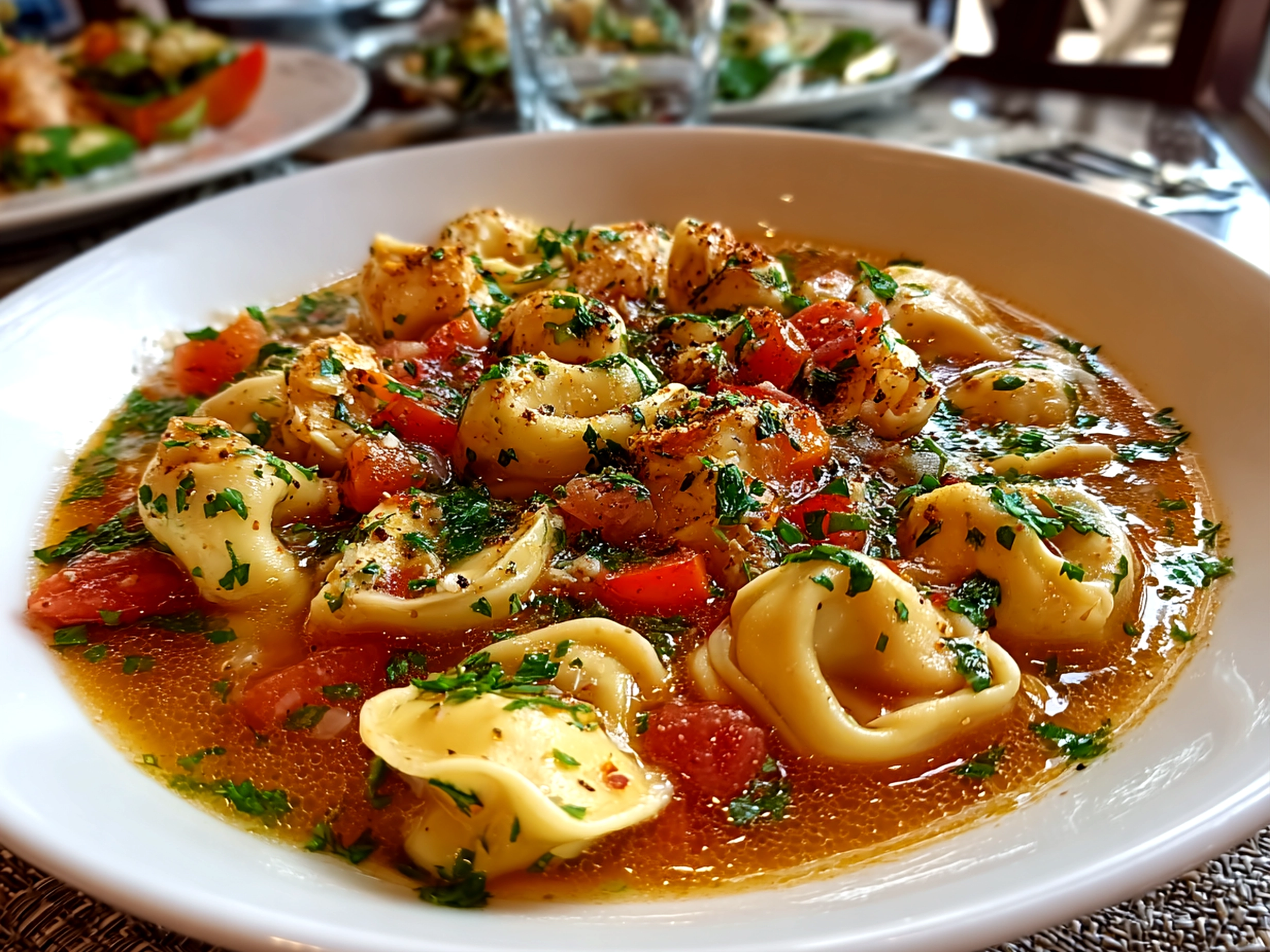 Freshly prepared tortellini soup close-up