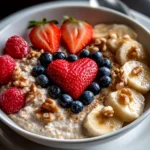 Freshly prepared Valentines Oatmeal Bowl on white plate