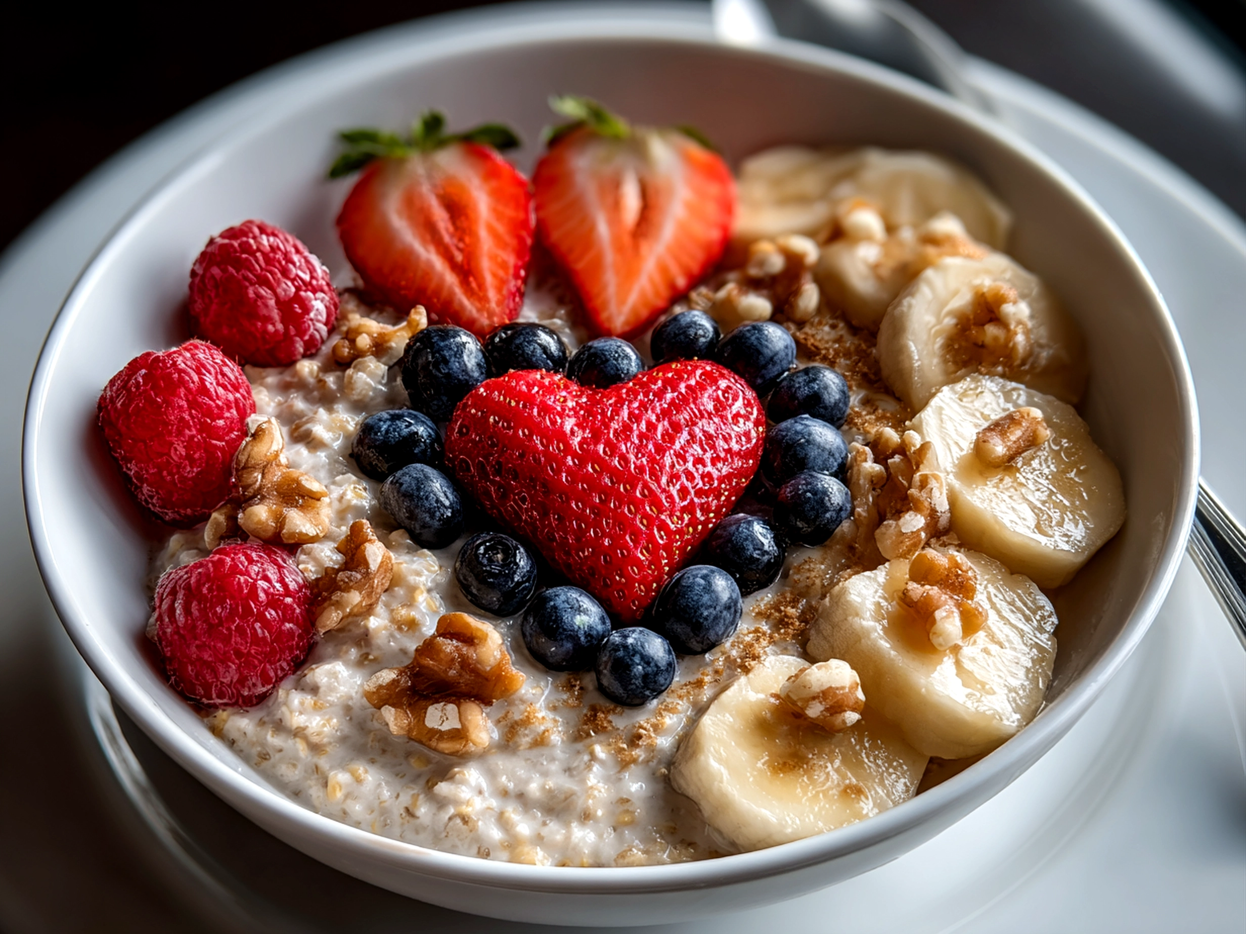 Freshly prepared Valentines Oatmeal Bowl on white plate