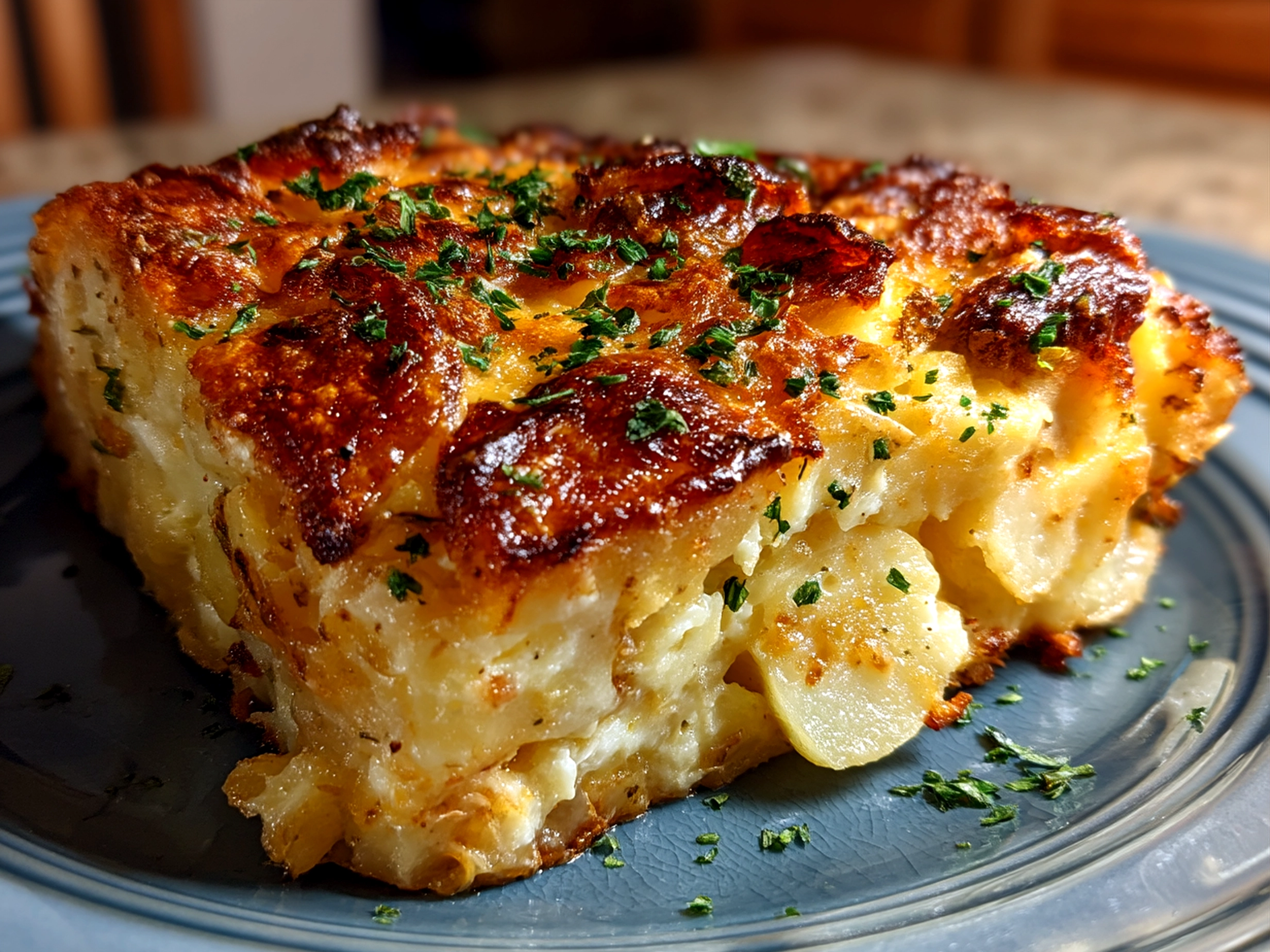 Serving of creamy and crispy Funeral Potatoes casserole ready to enjoy