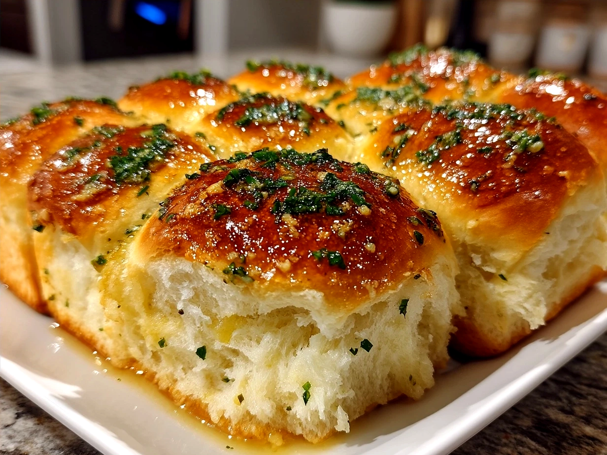 Warm Garlic Butter Dinner Rolls served on a plate