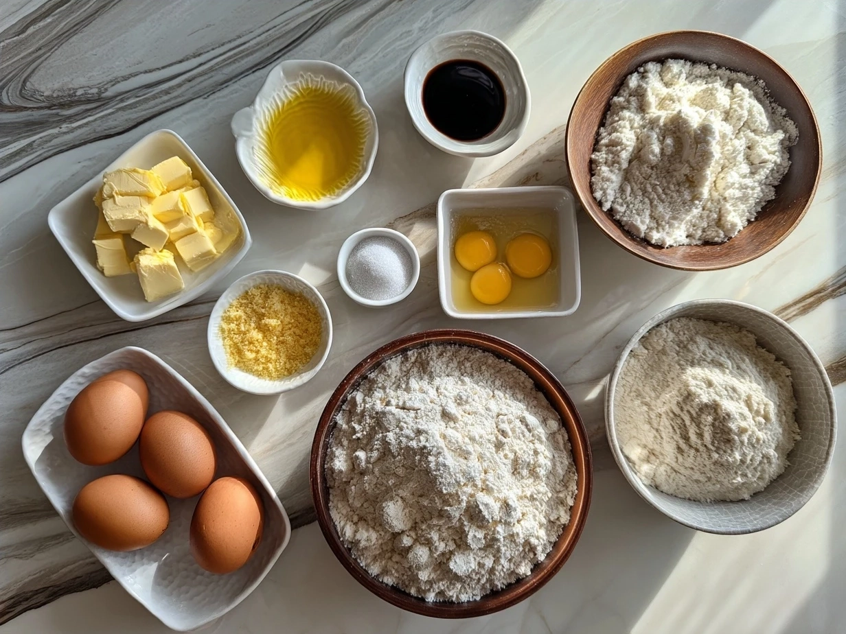 Ingredients for Garlic Butter Dinner Rolls including flour, garlic, butter, milk, yeast, sugar, salt, and parsley