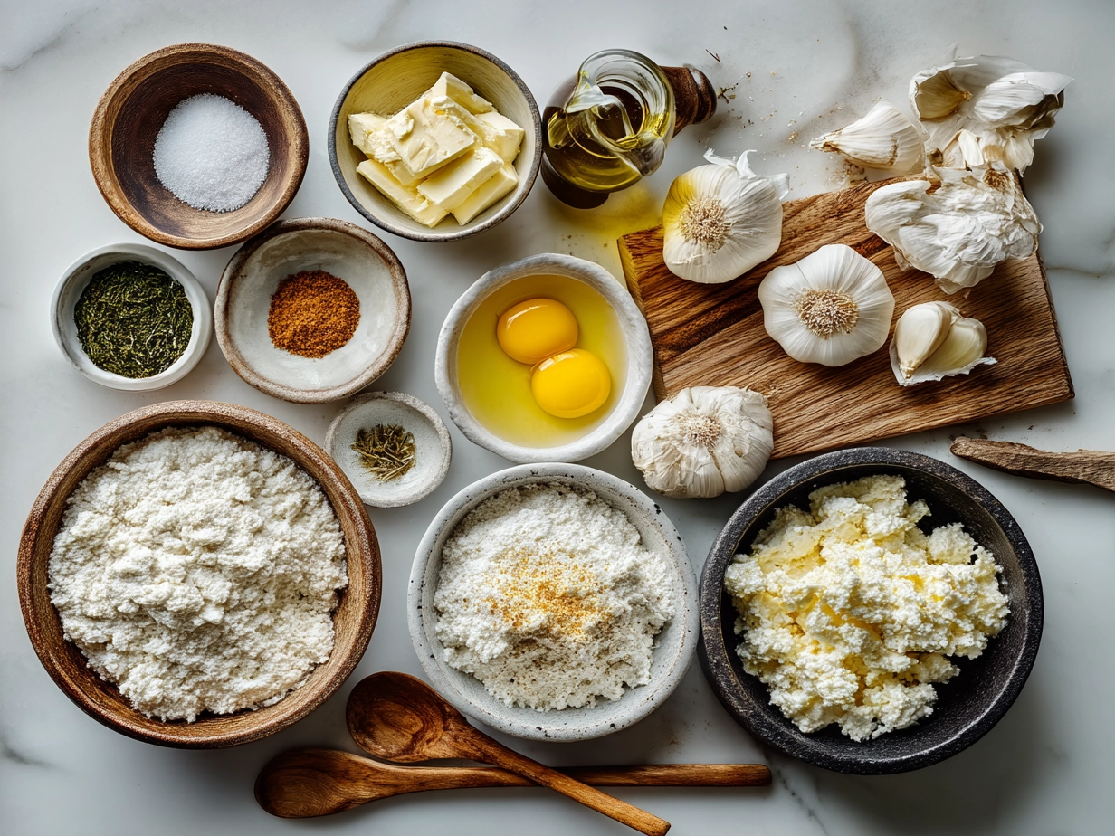 Ingredients for garlic cottage cheese naan including flour, garlic, cottage cheese, yogurt, and spices