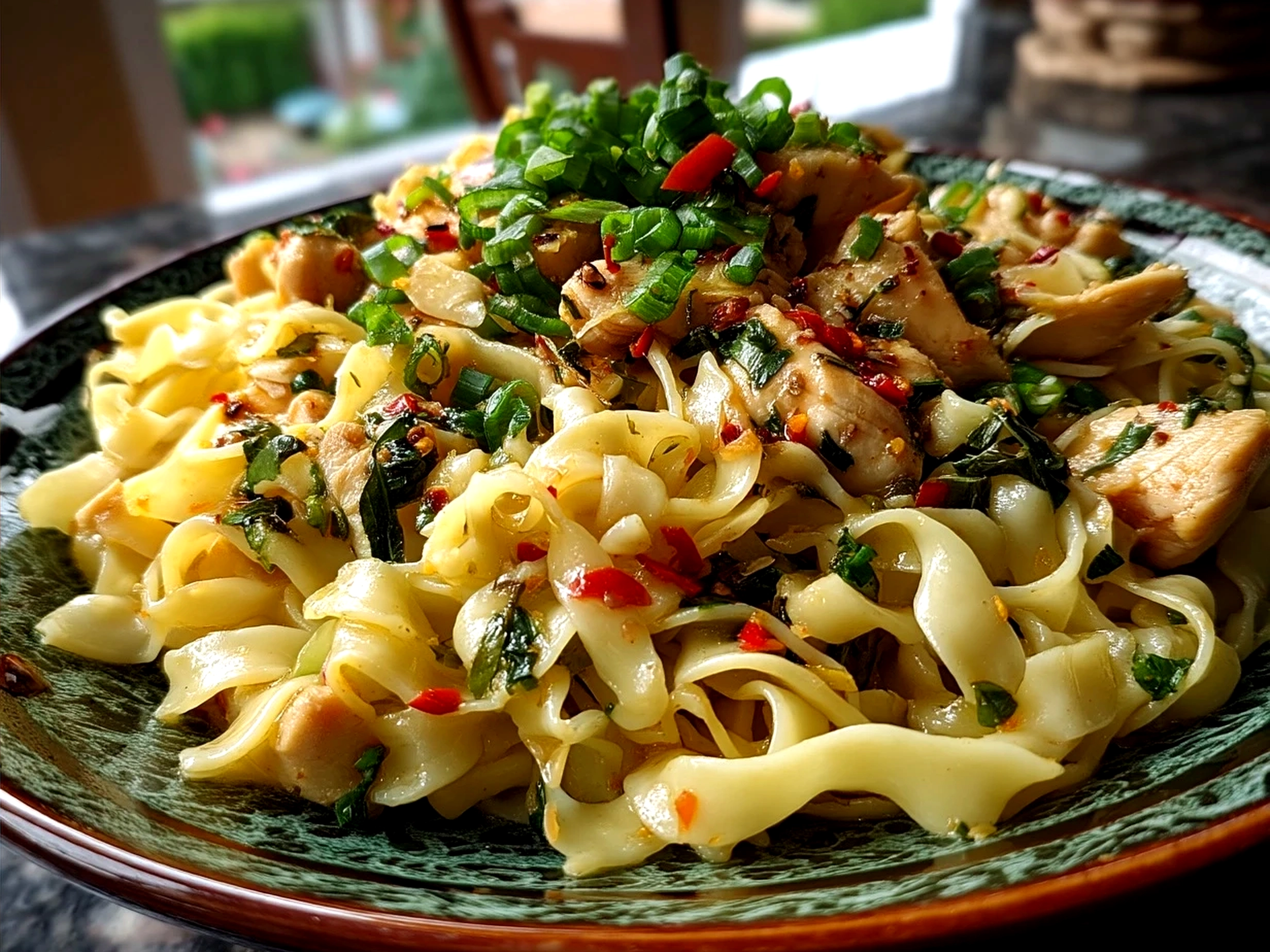 Serving of a warm bowl of Ginger Scallion Chicken Noodle Soup garnished with fresh scallions and sesame oil drizzle