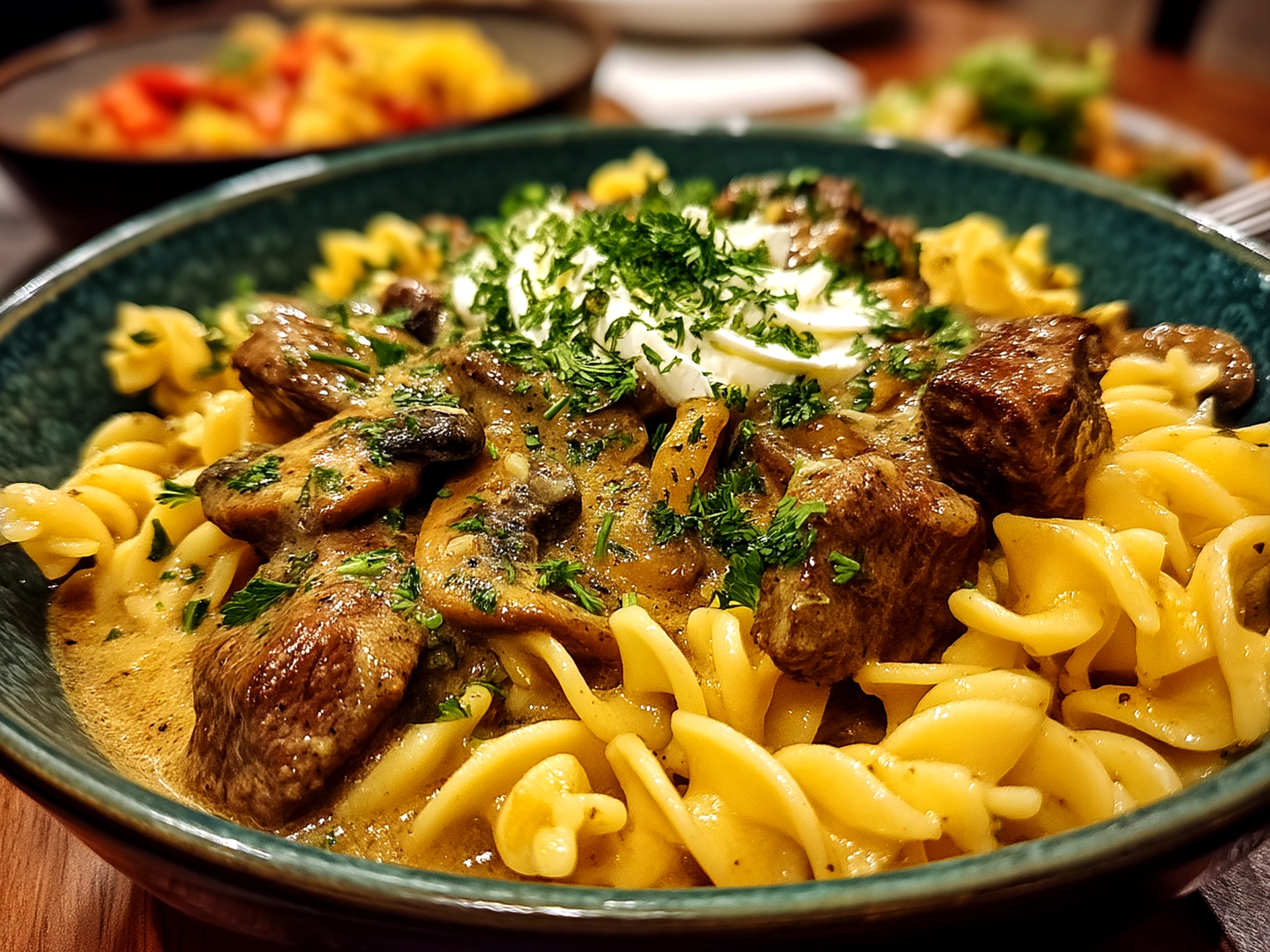 Serving of Gordon Ramsay Beef Stroganoff garnished with parsley