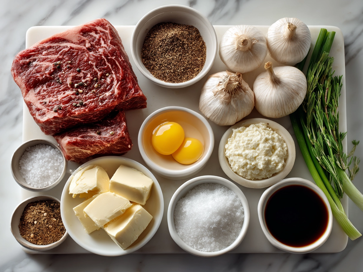 Ingredients for Gordon Ramsay Beef Stroganoff including beef, mushrooms, onions, garlic, and sour cream