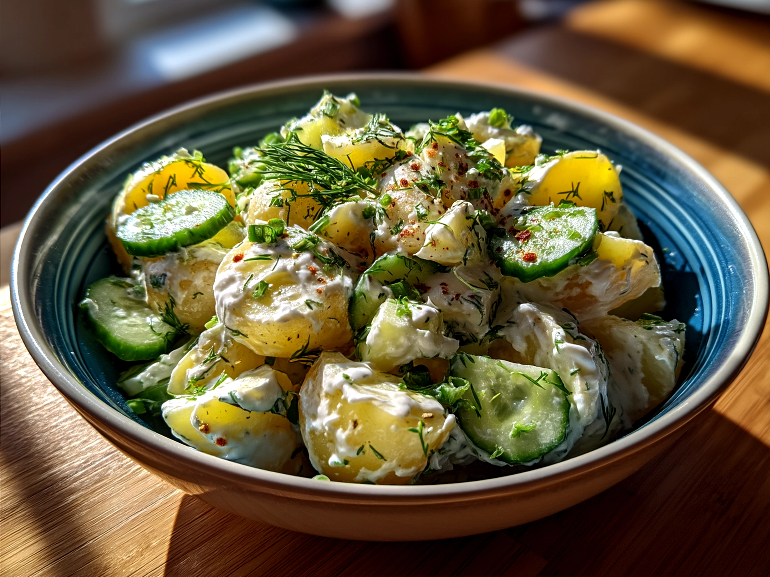 Served Greek Yogurt Potato Salad with Cucumbers in a bowl