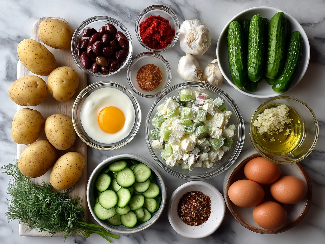 Ingredients laid out for Greek Yogurt Potato Salad with Cucumbers
