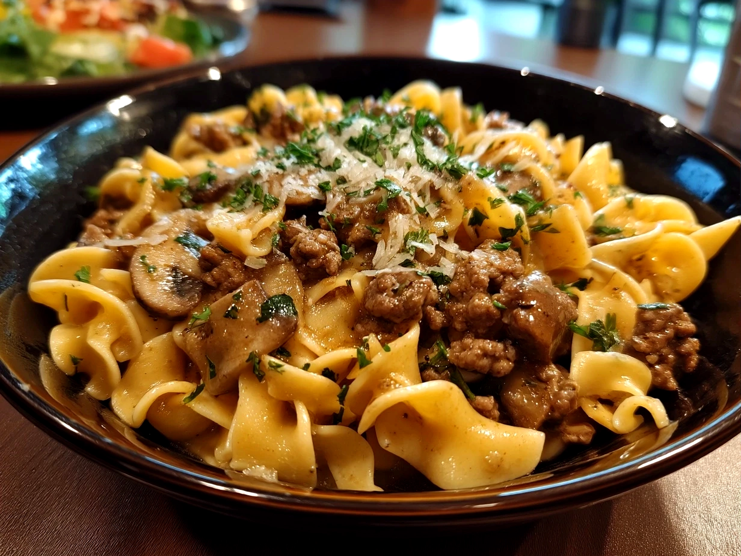 Served Ground Beef Stroganoff dish garnished with fresh herbs