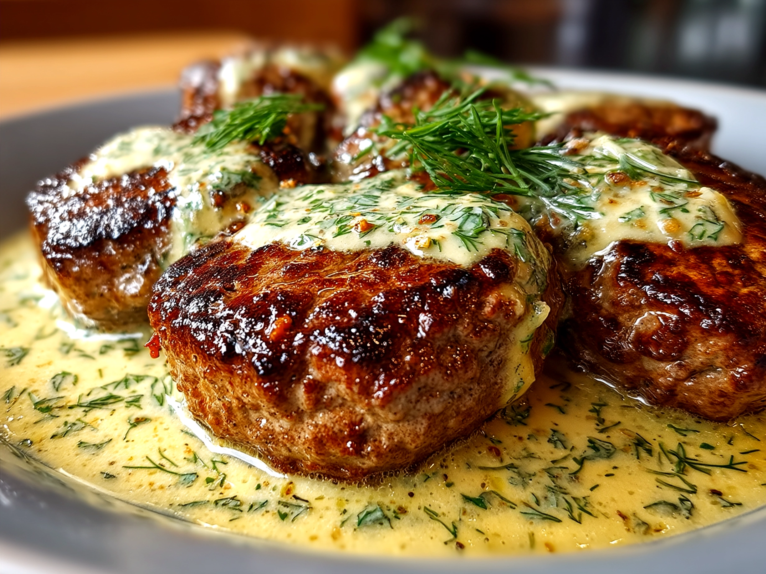 Served Hamburger Steaks in Creamy Dill Sauce with Sides