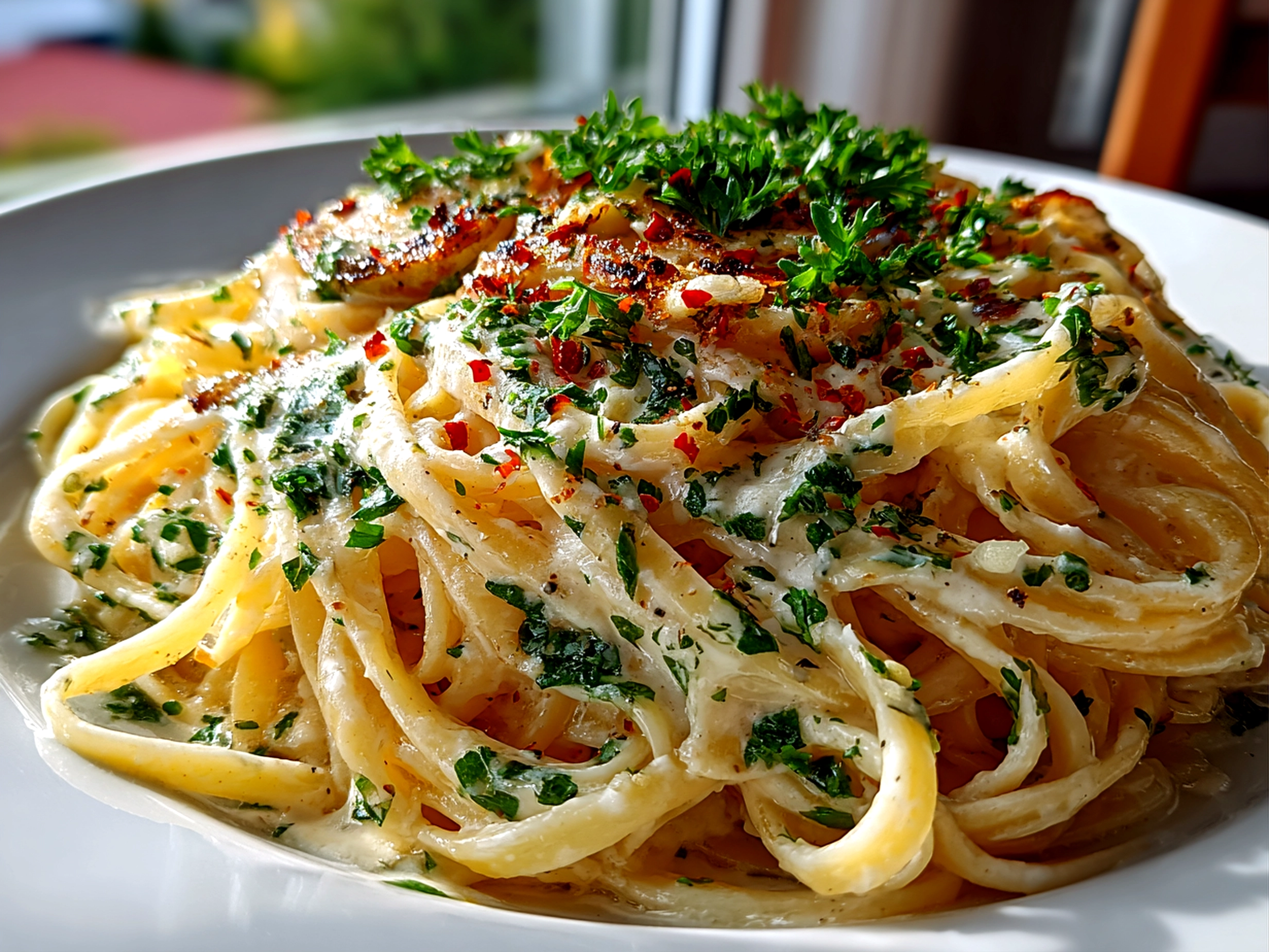 Home cook, taken with iPhone 14. Close-up slight angle of creamy roast garlic and lemon pasta sauce on white plate. Rich inviting --ar 4:3 --style raw --s 220