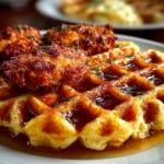 Home Cook, taken with iPhone 14. Close-up slight angle of homemade crispy chicken waffle on white plate. Rich inviting --ar 4:3 --style raw --s 250