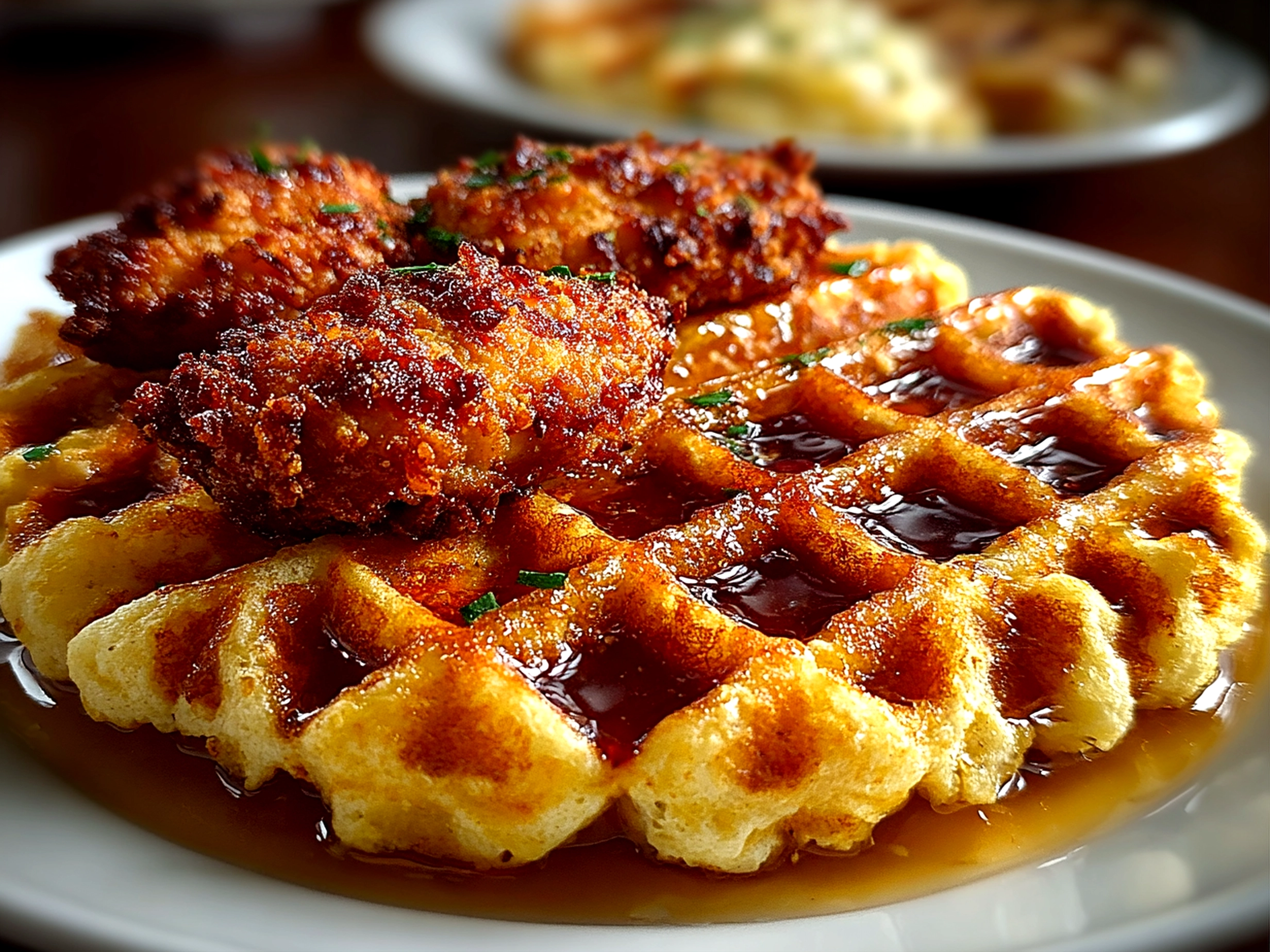 Home Cook, taken with iPhone 14. Close-up slight angle of homemade crispy chicken waffle on white plate. Rich inviting --ar 4:3 --style raw --s 250