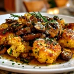 Home cook, taken with iPhone 14. Close-up slight angle of homemade Garlic Cauliflower Mushroom Skillet on white plate. Rich inviting --ar 4:3 --style raw --s 220