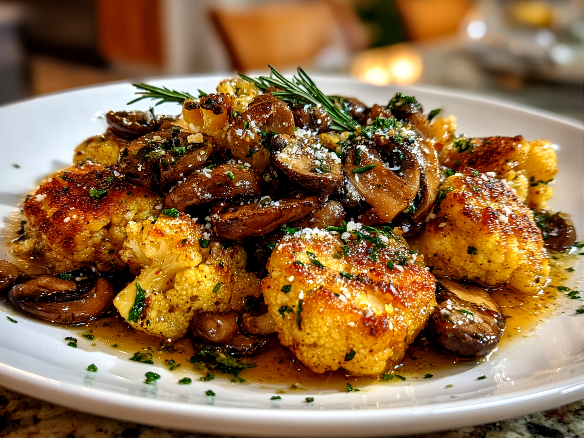 Home cook, taken with iPhone 14. Close-up slight angle of homemade Garlic Cauliflower Mushroom Skillet on white plate. Rich inviting --ar 4:3 --style raw --s 220