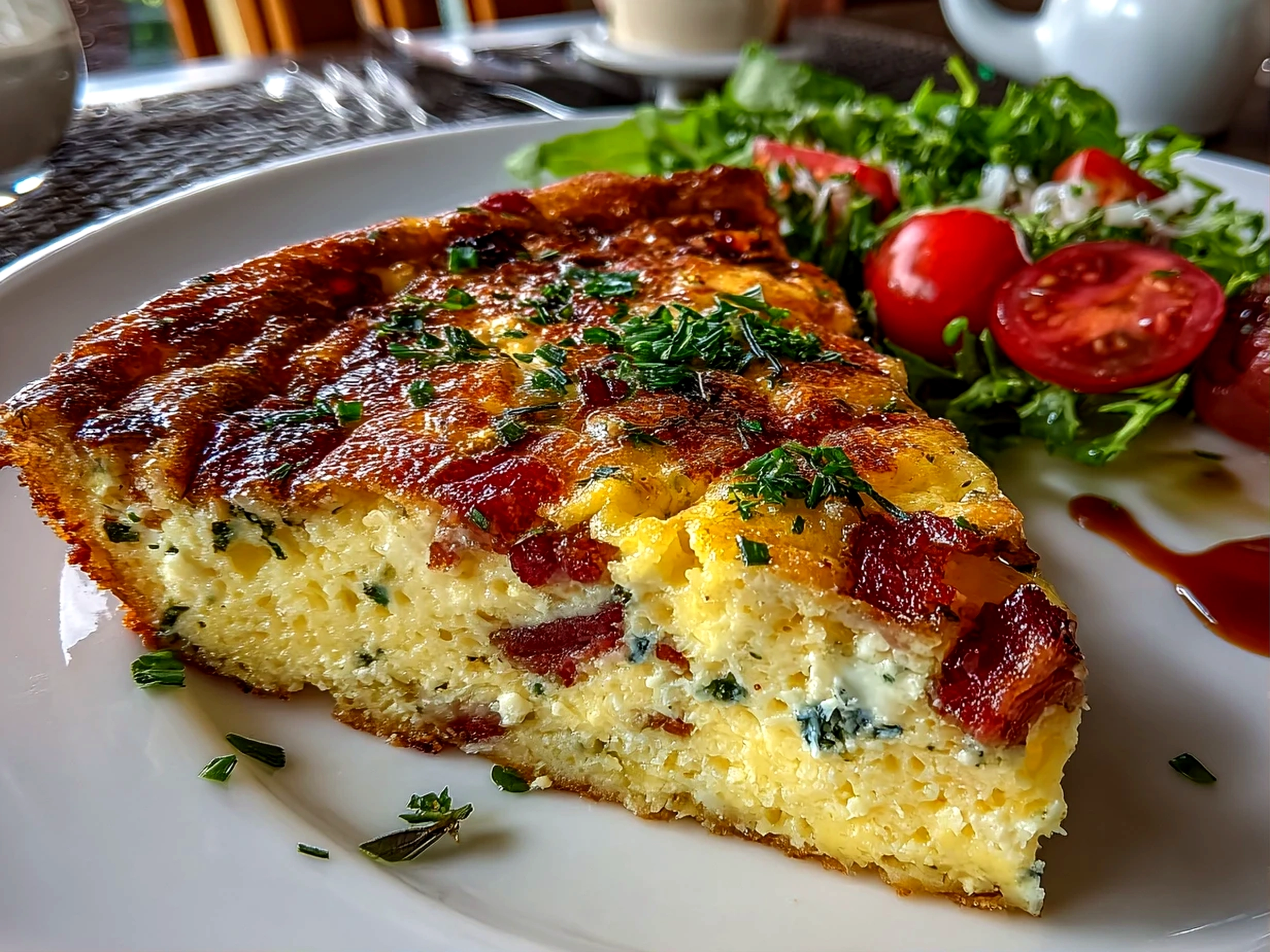 Homemade Crustless Bacon Cheese Quiche ready to serve