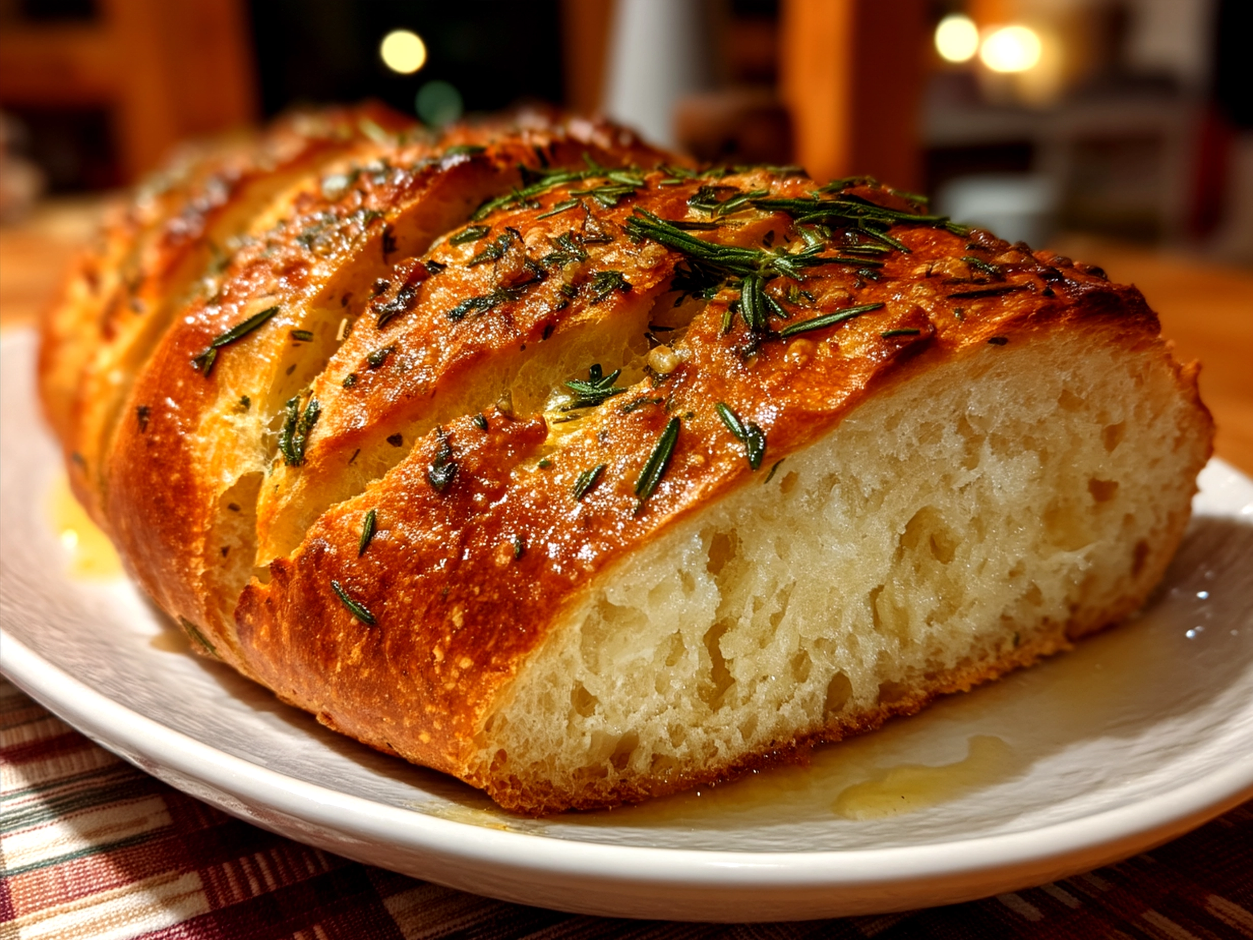 Sliced homemade bread served on a wooden board with butter and olive oil